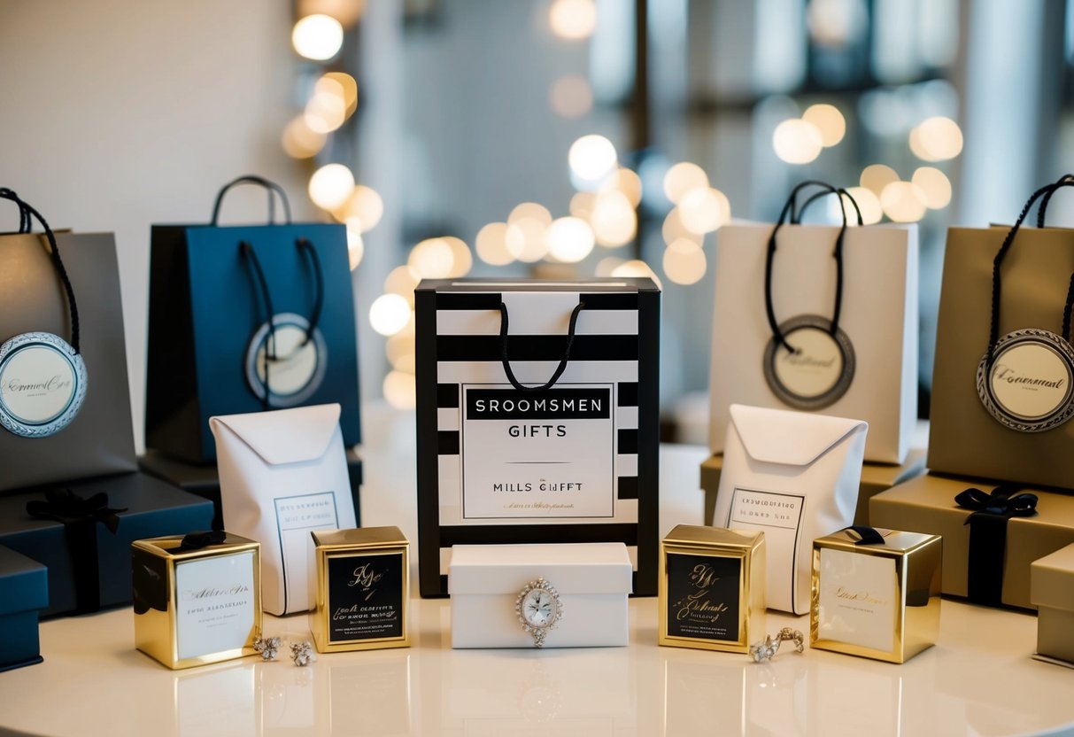 Groomsmen gifts displayed on a table, surrounded by elegant packaging and personalized items