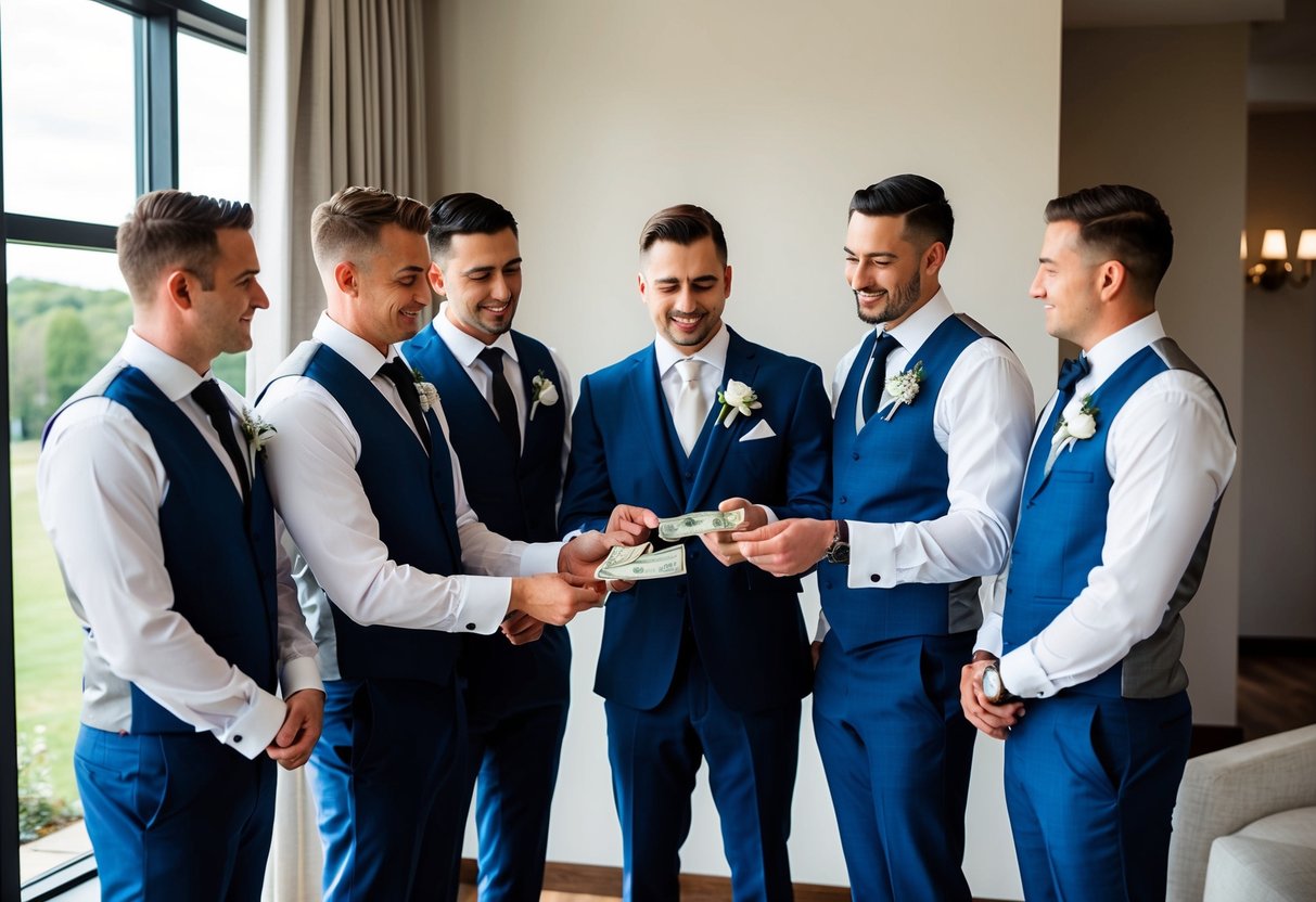 A group of groomsmen and the groom stand in a circle, discussing and exchanging money for the groomsmen gifts