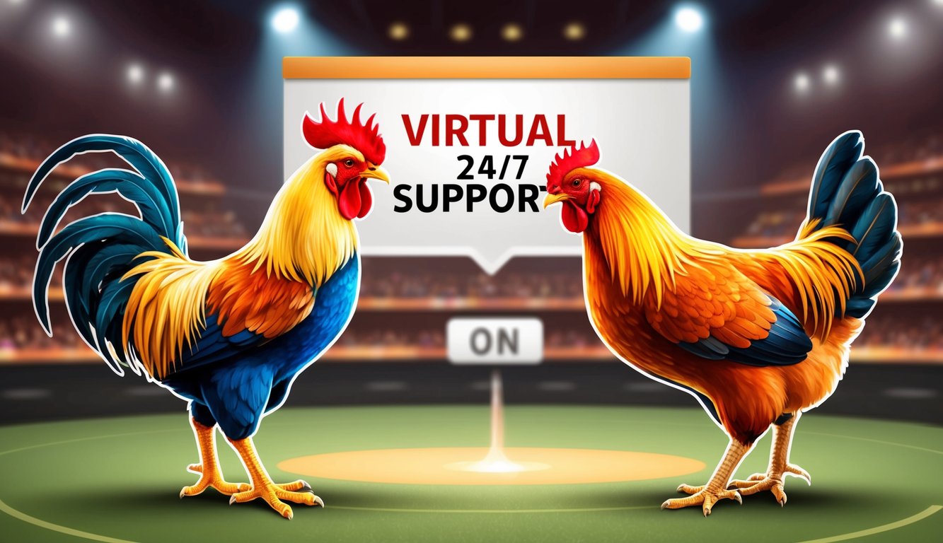 Seekor ayam jantan dan seekor ayam betina berhadapan di arena sabung ayam online, dengan spanduk dukungan virtual 24/7 di latar belakang