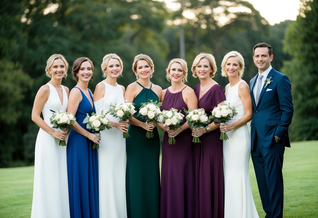 A group of elegantly dressed women standing together, holding bouquets and smiling, while a lone figure in a suit stands off to the side