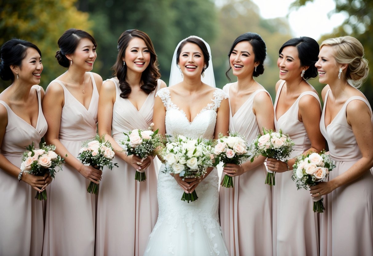A group of bridesmaids in elegant dresses stand together, holding bouquets and smiling, while a lone bride stands in the center, radiating joy and confidence