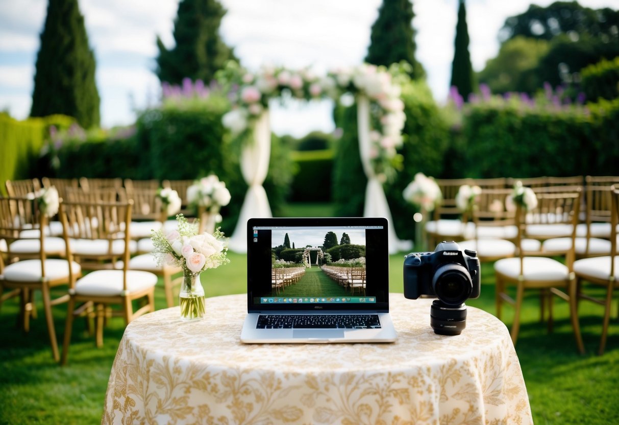 A laptop open on a decorated table with a camera facing a wedding setup in a garden, surrounded by flowers and chairs