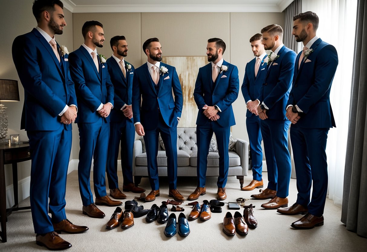 Groomsmen and groom prepare together in a stylish, well-lit room. Accessories, suits, and shoes are neatly arranged, creating an atmosphere of anticipation and camaraderie