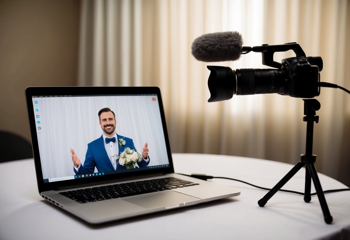 A laptop with a wedding backdrop, camera, and microphone set up for a live stream on YouTube