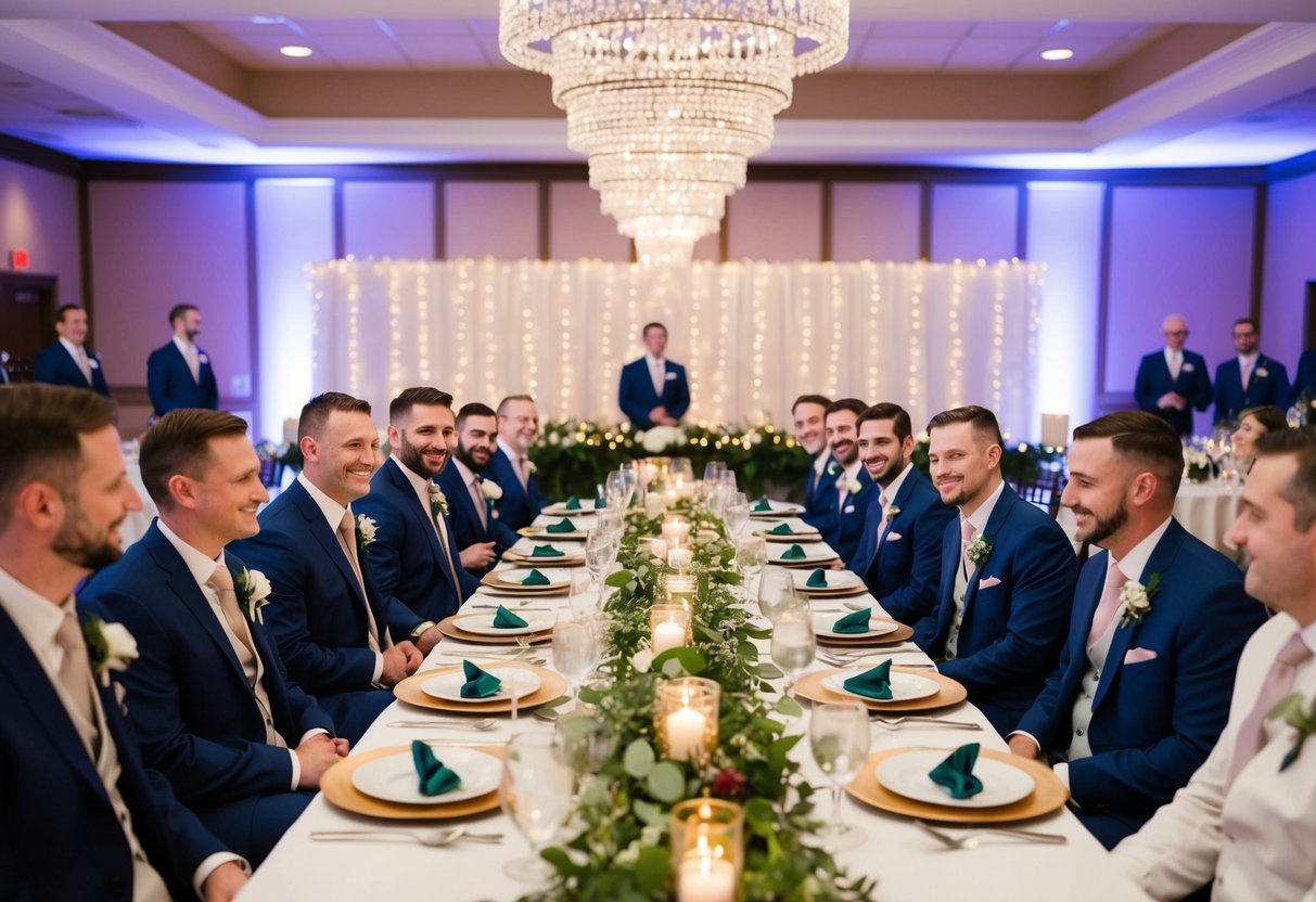 Groomsmen seated together at a long reception table, surrounded by festive decor and place settings
