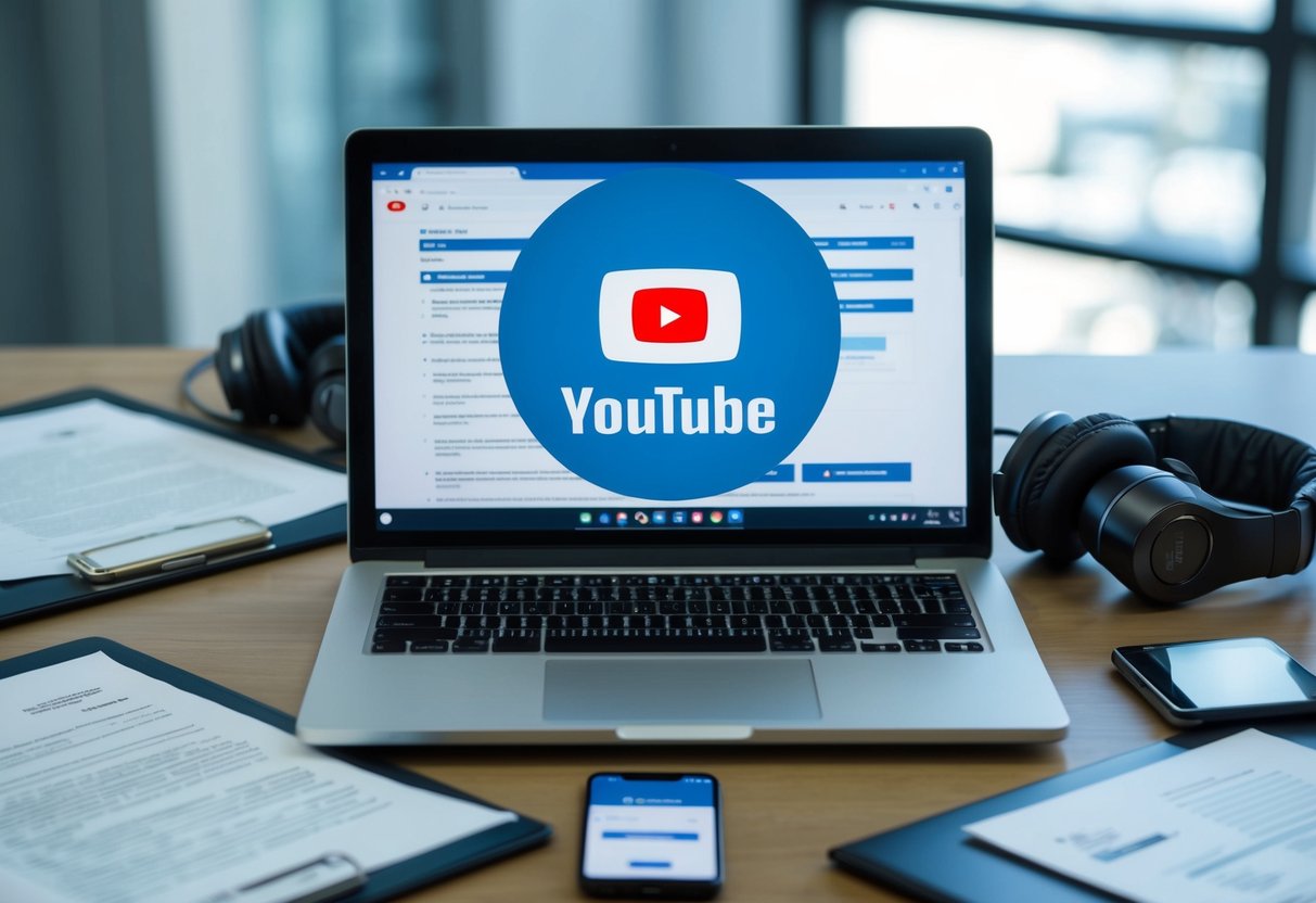 A laptop displaying a YouTube live streaming interface, surrounded by legal documents and technical equipment