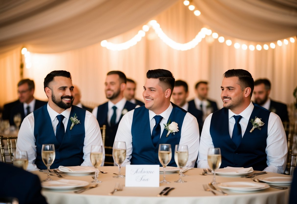 The reception seating plan shows groomsmen seated together at a designated table