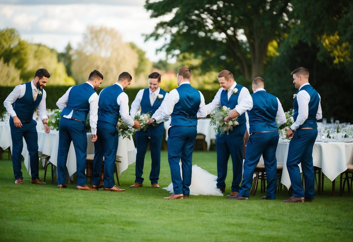 Groomsmen gather to help tidy up after the wedding, putting away decorations and clearing tables