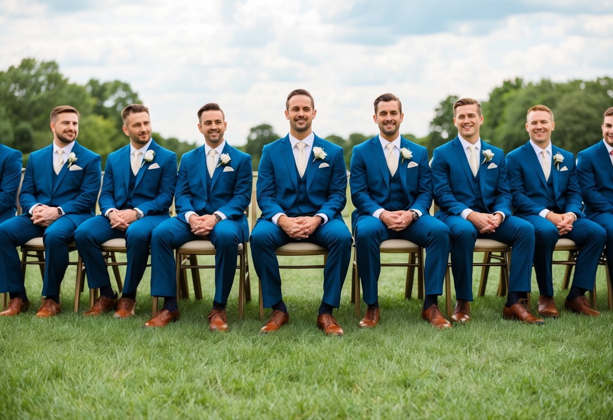 Groomsmen sitting in scattered formation at the wedding ceremony, with empty chairs between them to accommodate for not sitting together