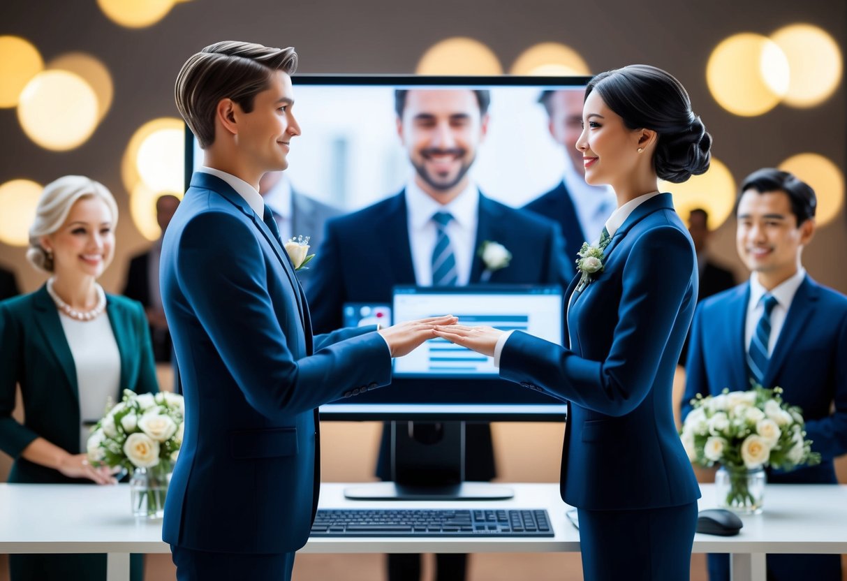 Two figures in formal attire exchange vows in front of a computer screen, surrounded by virtual guests