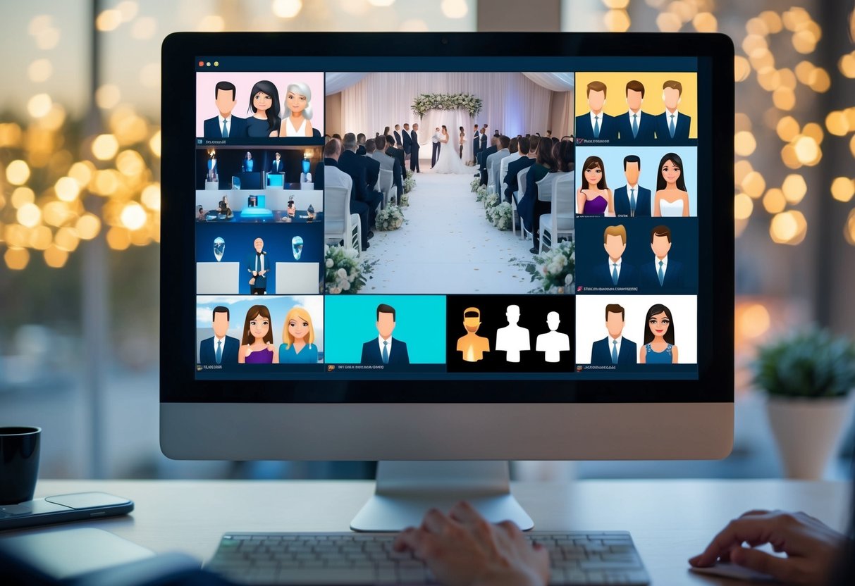 A computer screen displaying a wedding ceremony livestream with a virtual audience of avatars