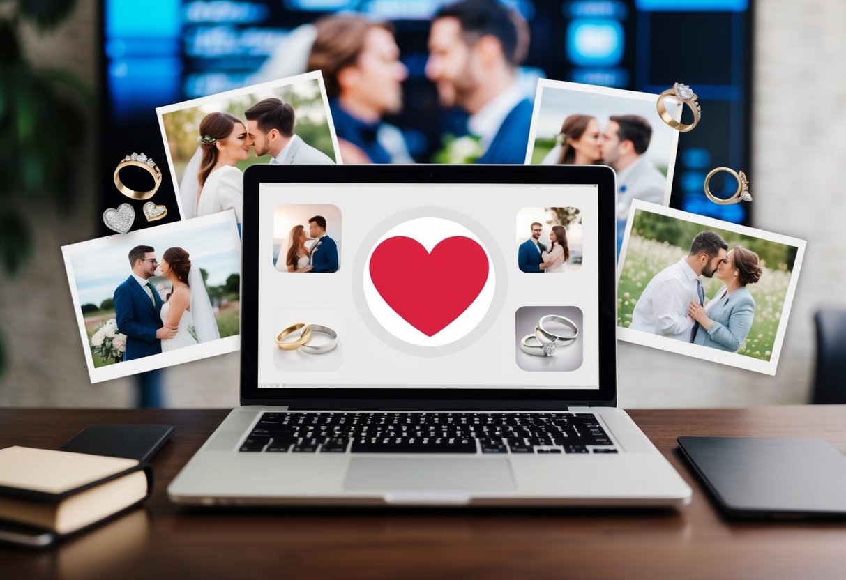 A laptop with a heart icon on the screen, surrounded by images of couples and wedding rings, with a background of a virtual chat interface