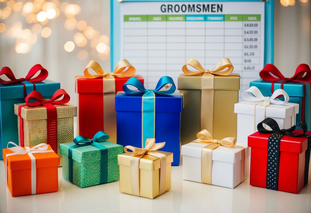 Groomsmen gifts arranged on a table with a calendar and budget spreadsheet in the background