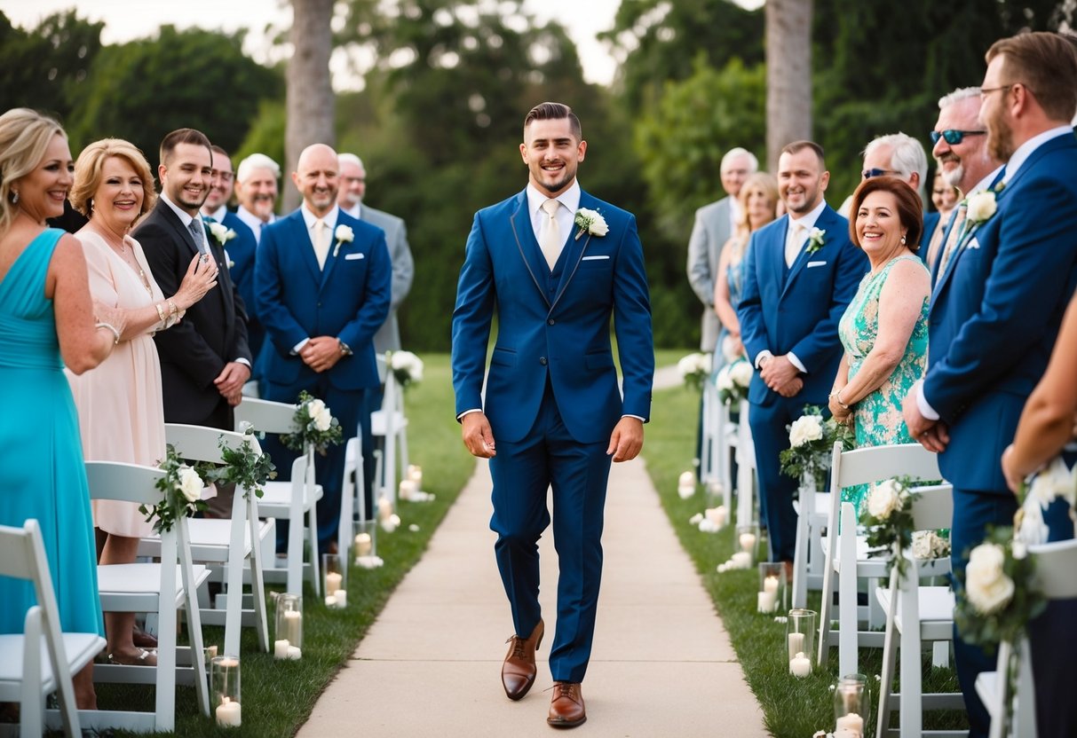 A groomsman stands proudly in a sharp suit, surrounded by joyful wedding guests, as he prepares to escort the groom down the aisle