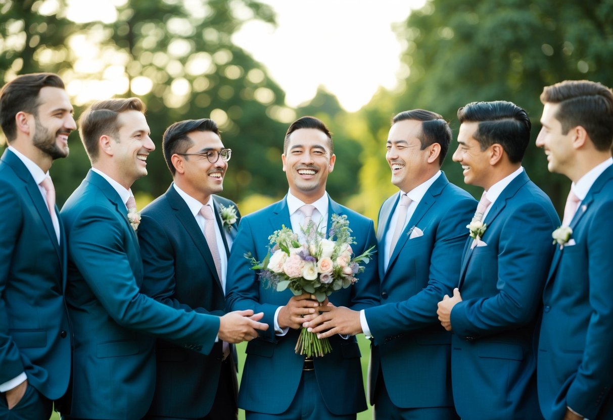 A group of men in suits stand together, smiling and laughing, with one man in the center holding a bouquet of flowers
