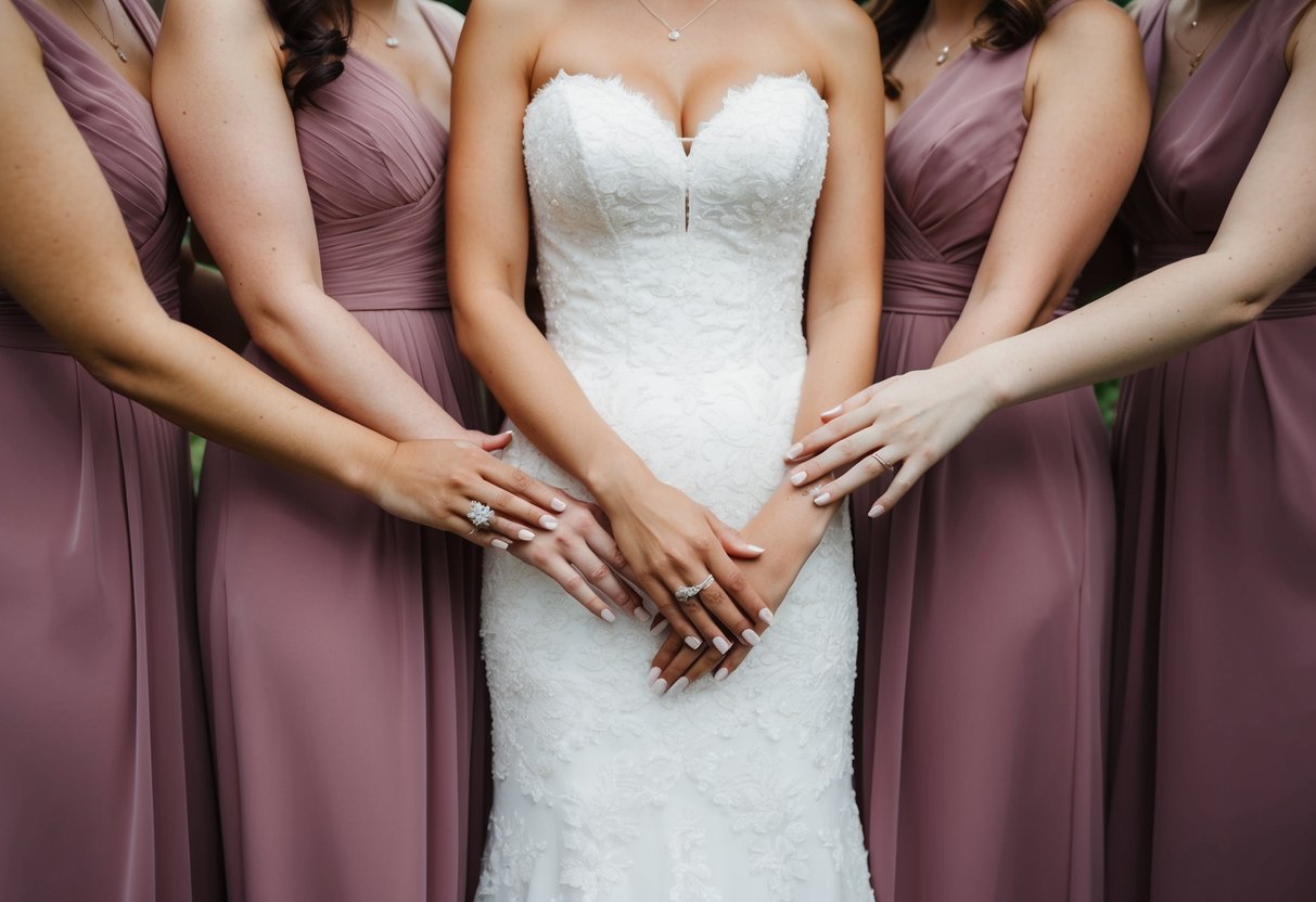 A group of bridesmaids standing together, one of them wearing a ring on her left hand