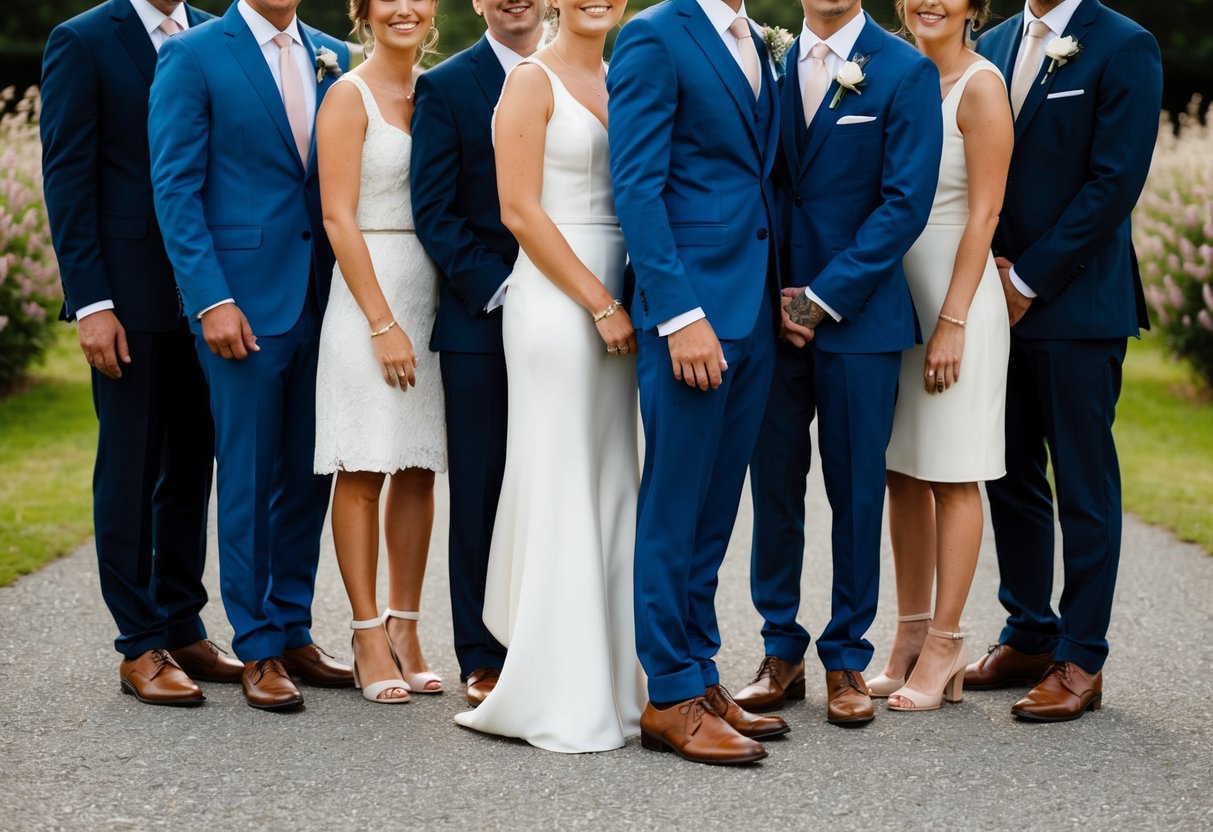 A group of people in formal attire stand together, with one person in the center wearing a different color or style of clothing, indicating a different role within the bridal party