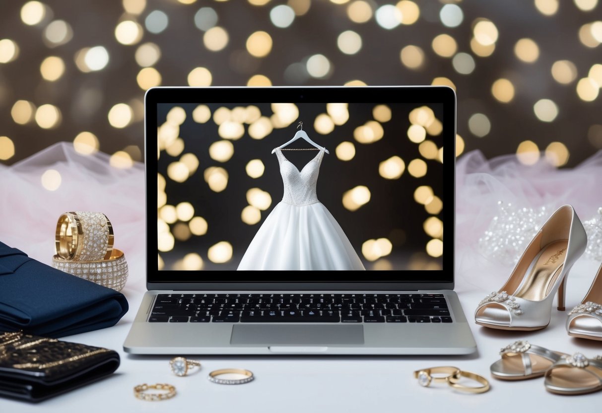 A laptop with a virtual wedding background, surrounded by dress clothes, shoes, and accessories