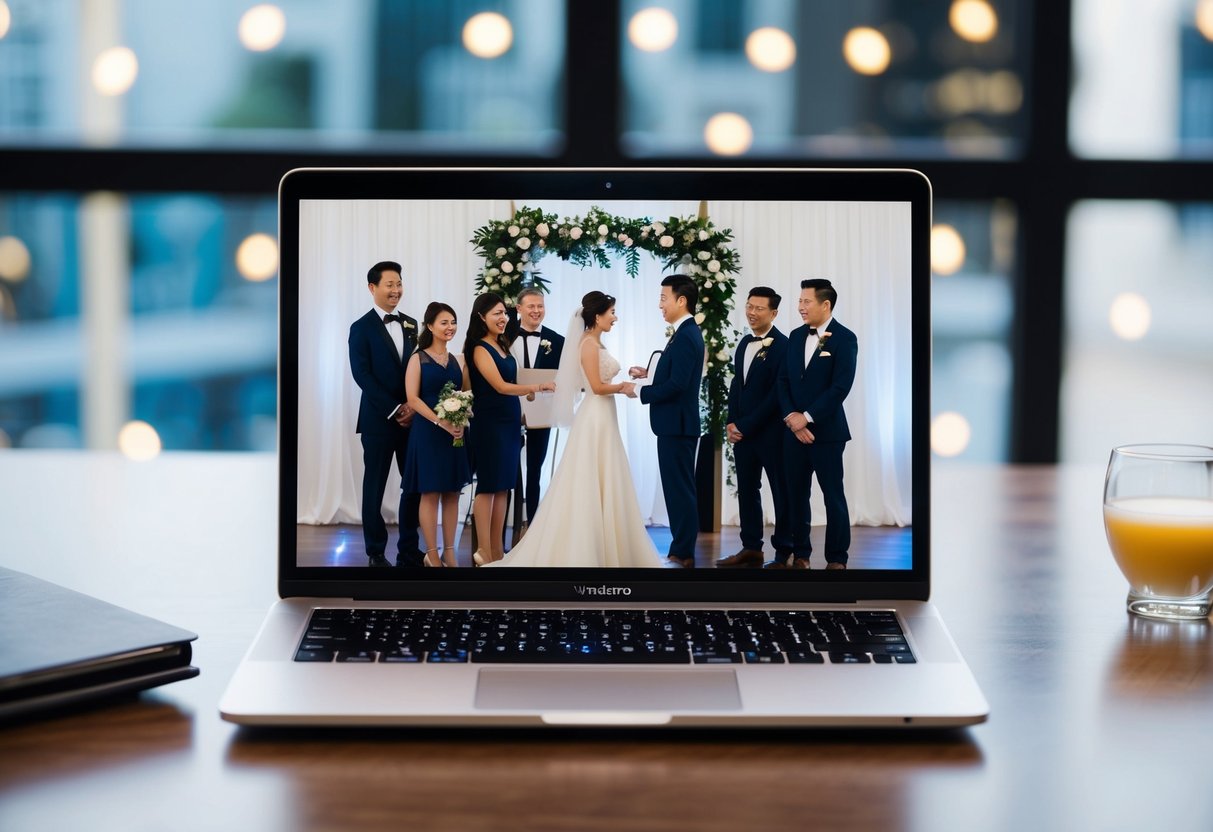 A laptop displaying a virtual wedding with attendees in formal attire, a wedding backdrop, and a ring exchange on the screen