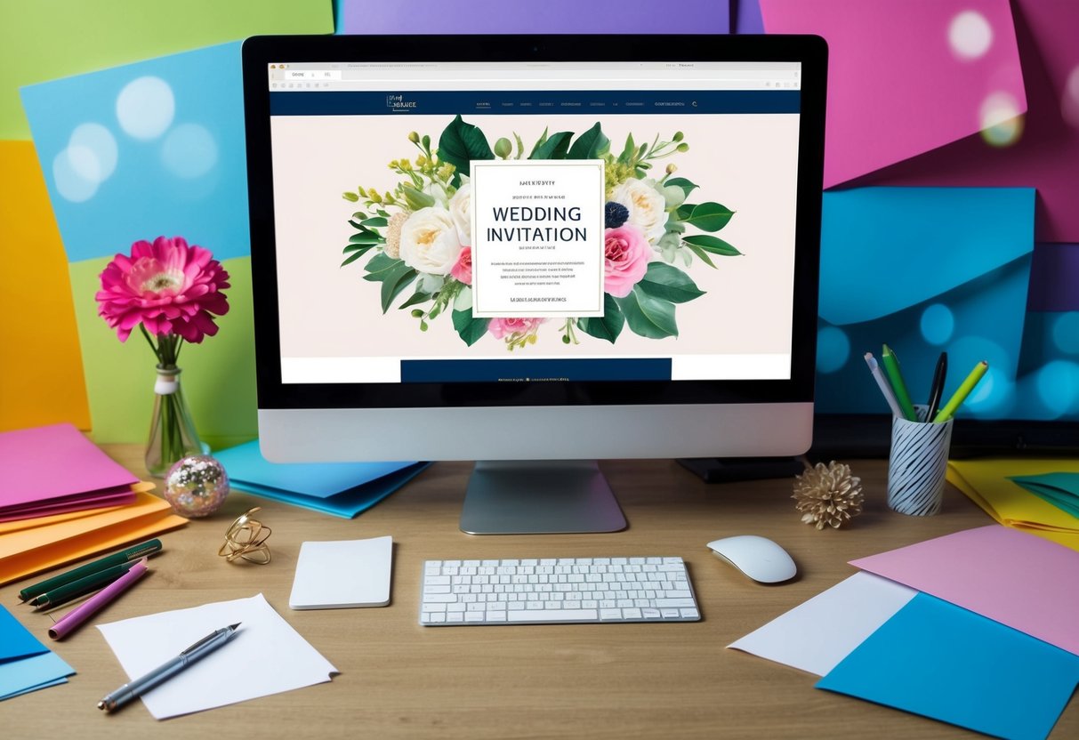 A computer screen with a wedding invitation design website open, surrounded by colorful paper, pens, and decorative elements like flowers and ribbons