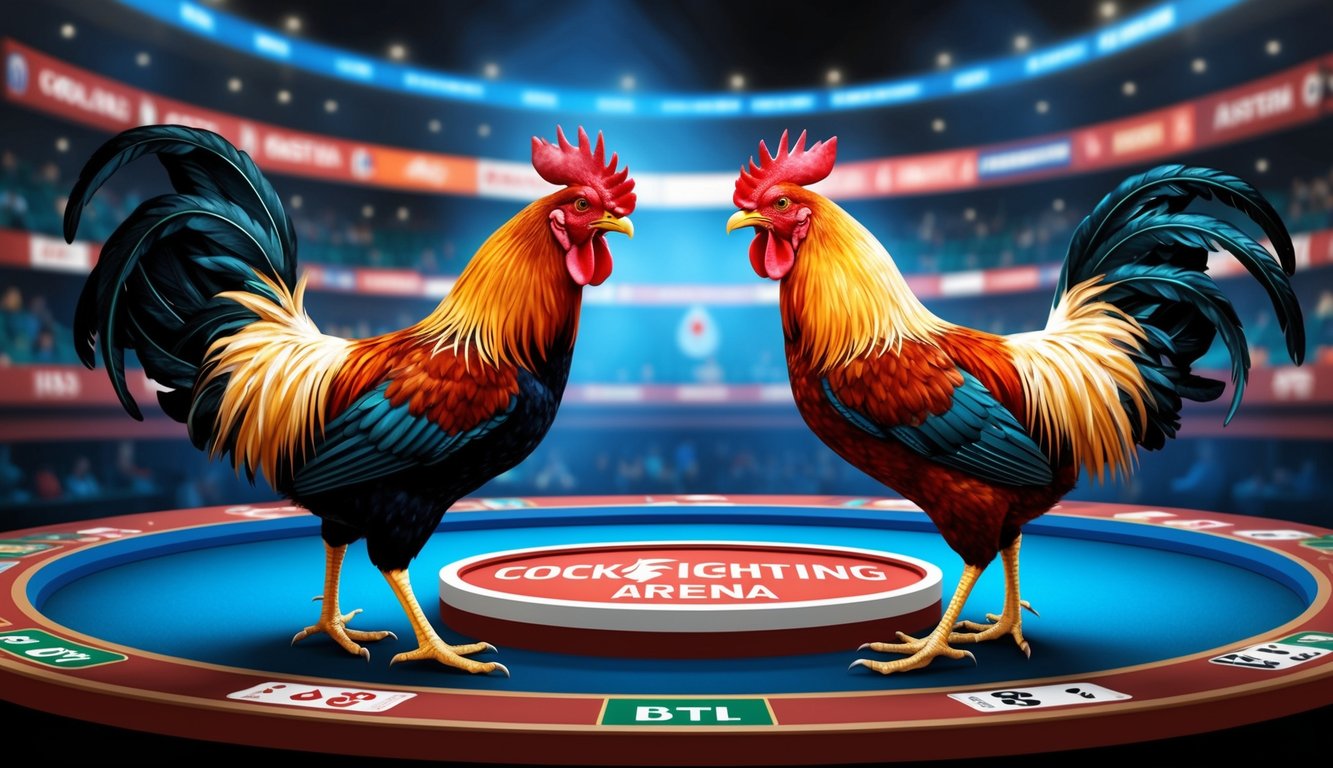 Dua ayam jantan berhadapan di arena sabung ayam online, dikelilingi oleh berbagai pilihan taruhan