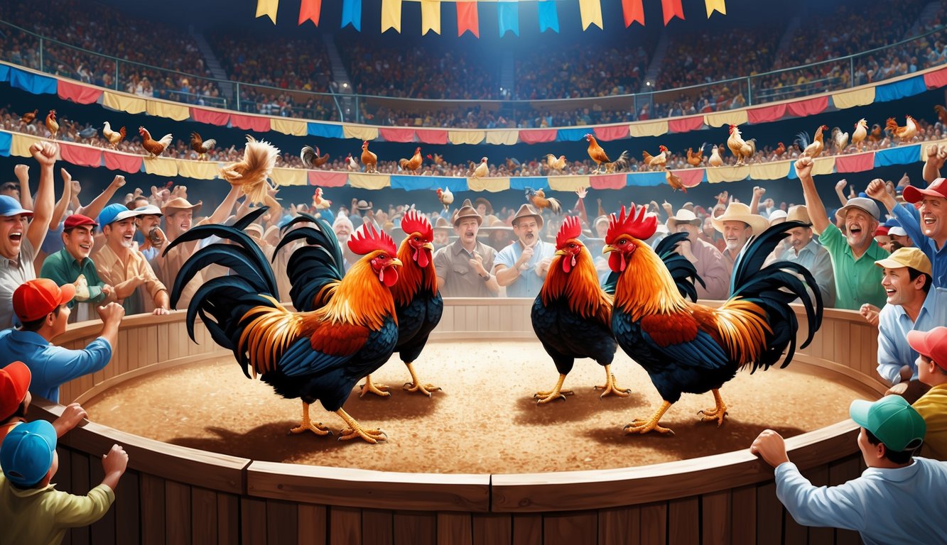 Sebuah arena yang ramai dengan ayam jantan bertarung, dikelilingi oleh penonton yang bersorak-sorai dan spanduk berwarna-warni