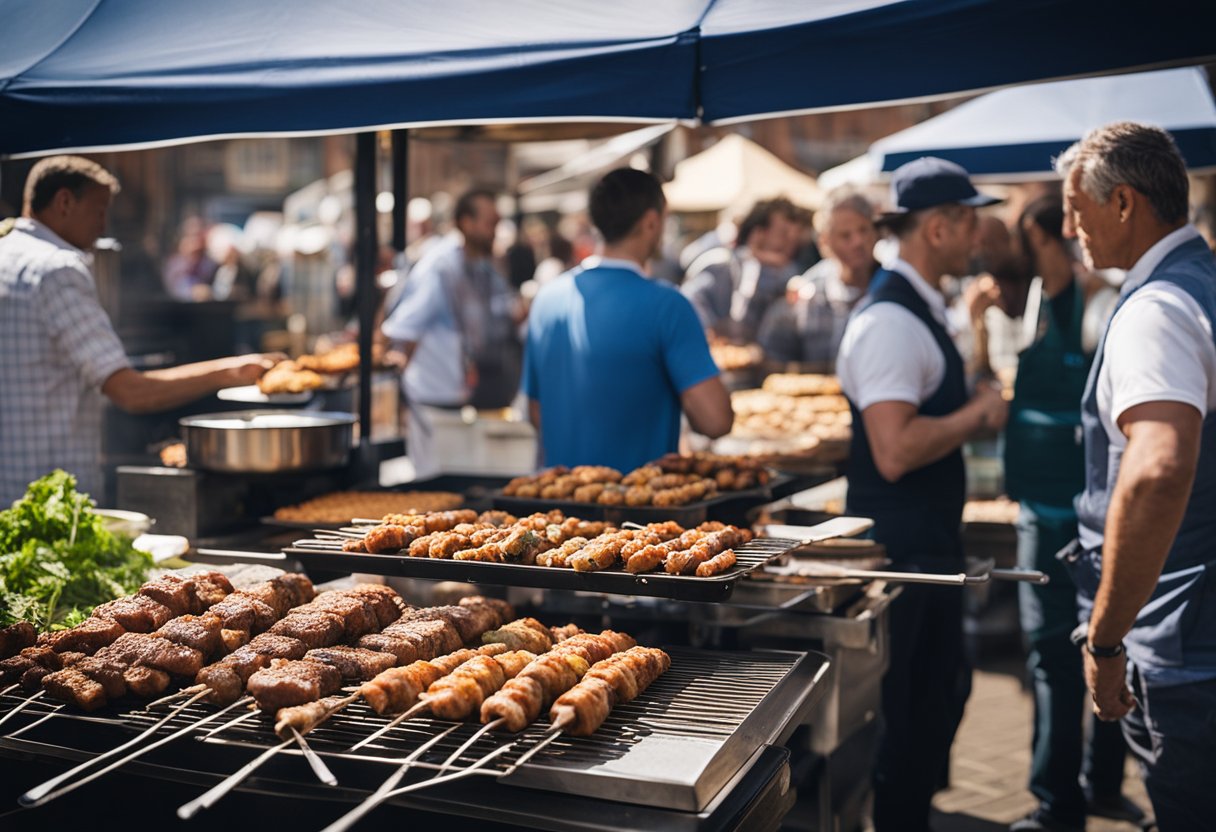 A bustling street market in Colchester, Essex, with vendors grilling and serving up a variety of delicious kebabs. The aroma of sizzling meats and spices fills the air as locals and tourists alike sample the 10 best kebabs in town