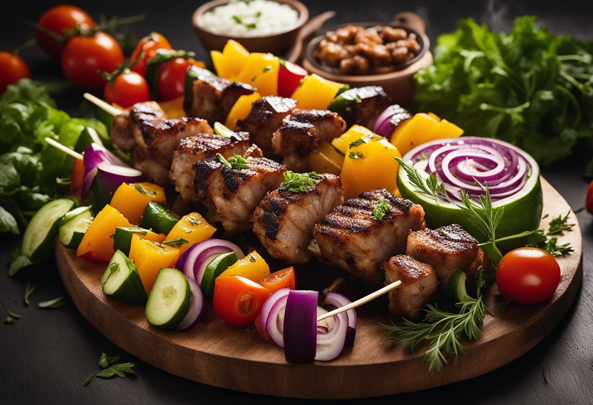 A colorful spread of various kebabs on a wooden platter, surrounded by vibrant vegetables and herbs, with steam rising from the freshly grilled meat