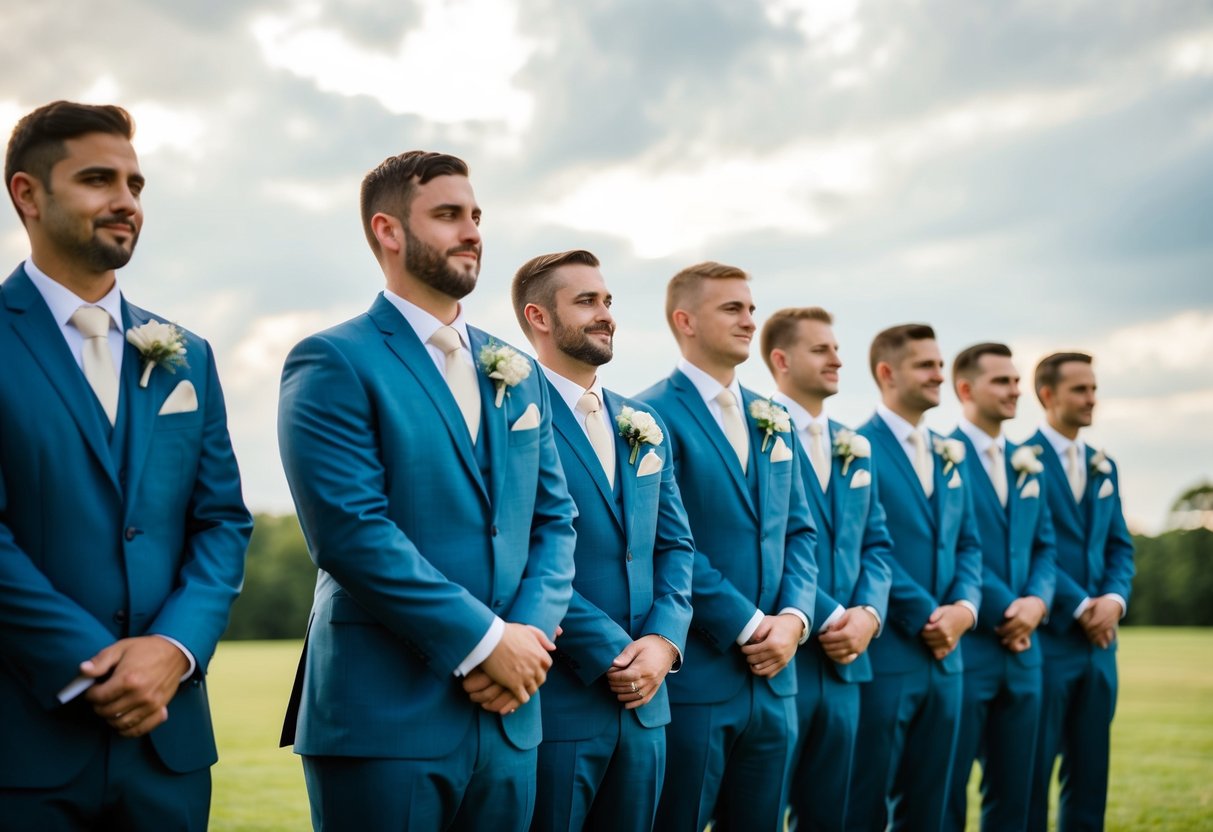 A group of groomsmen standing in a line, dressed in matching suits and boutonnieres, waiting for the wedding ceremony to begin