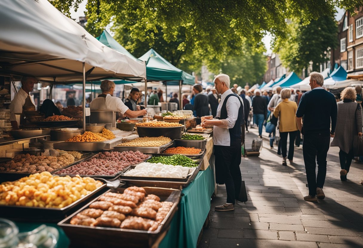 A bustling street market with colorful food stalls and vendors selling various types of kebabs in Colchester, Essex