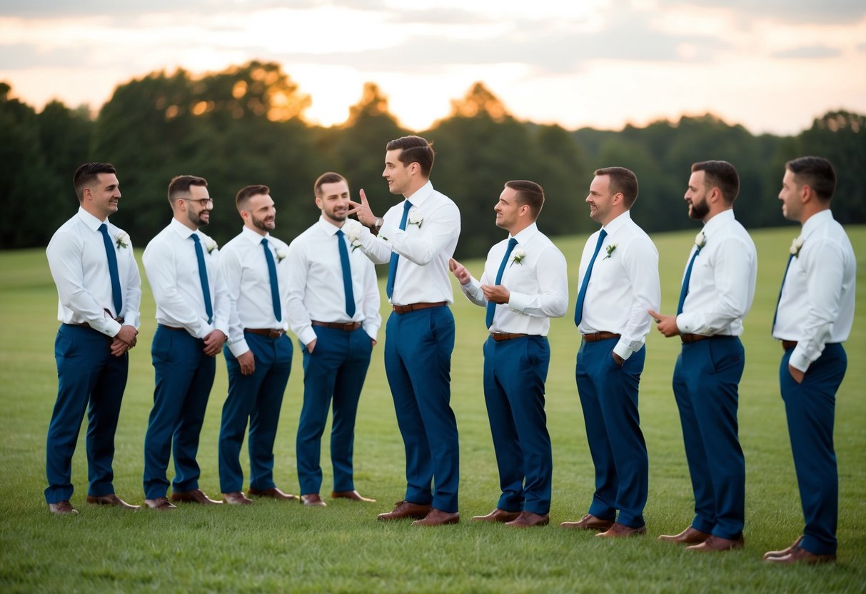 A group of groomsmen standing in a line, with the groom in the center, discussing and gesturing to indicate different numbers