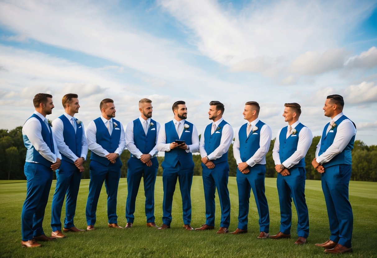A group of groomsmen standing in a row, discussing logistics and budget considerations for a wedding