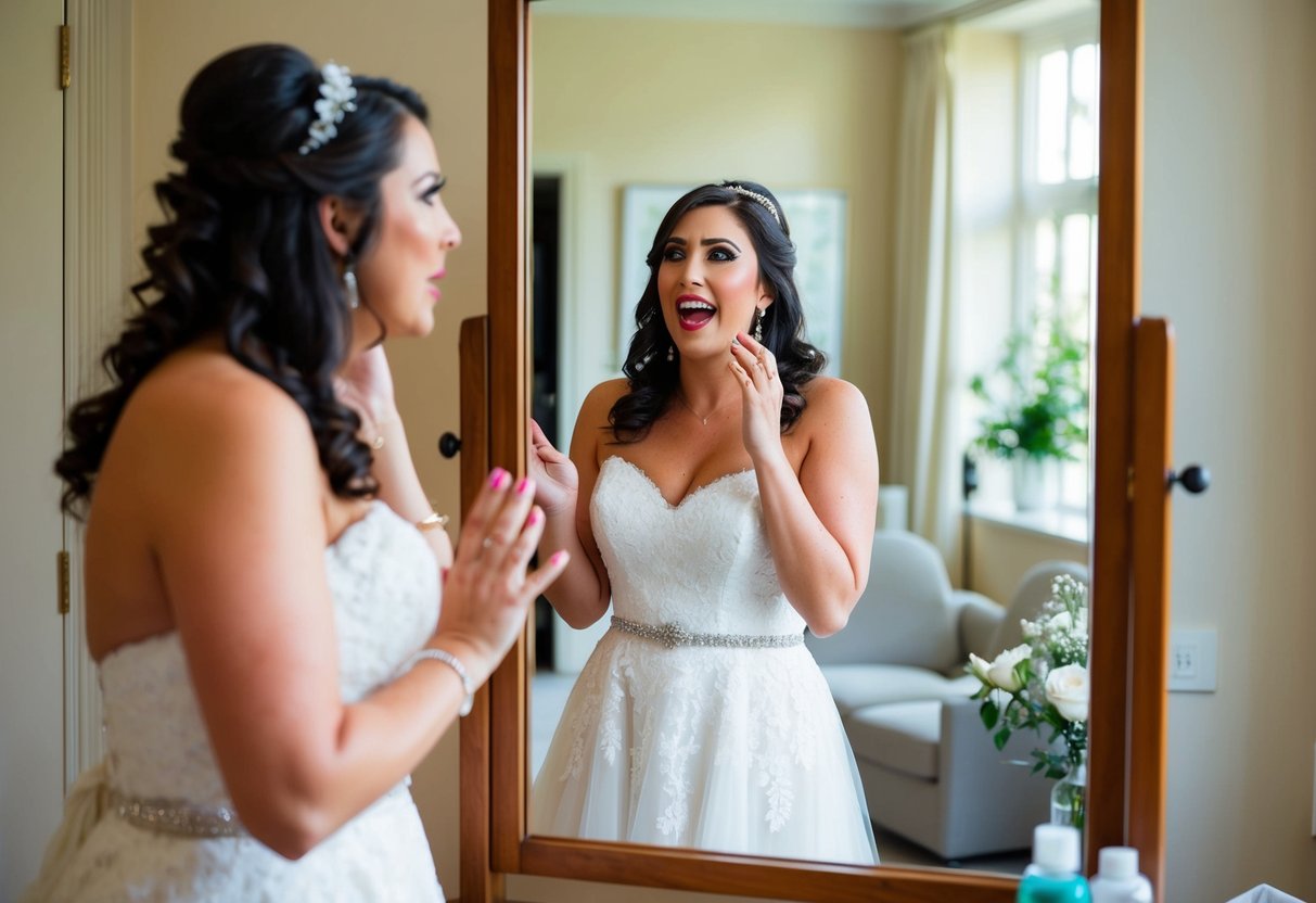 A bride-to-be stands in front of a mirror, contemplating whether to wear makeup for her wedding dress appointment. The room is filled with natural light, and the bride's reflection shows excitement and nervousness