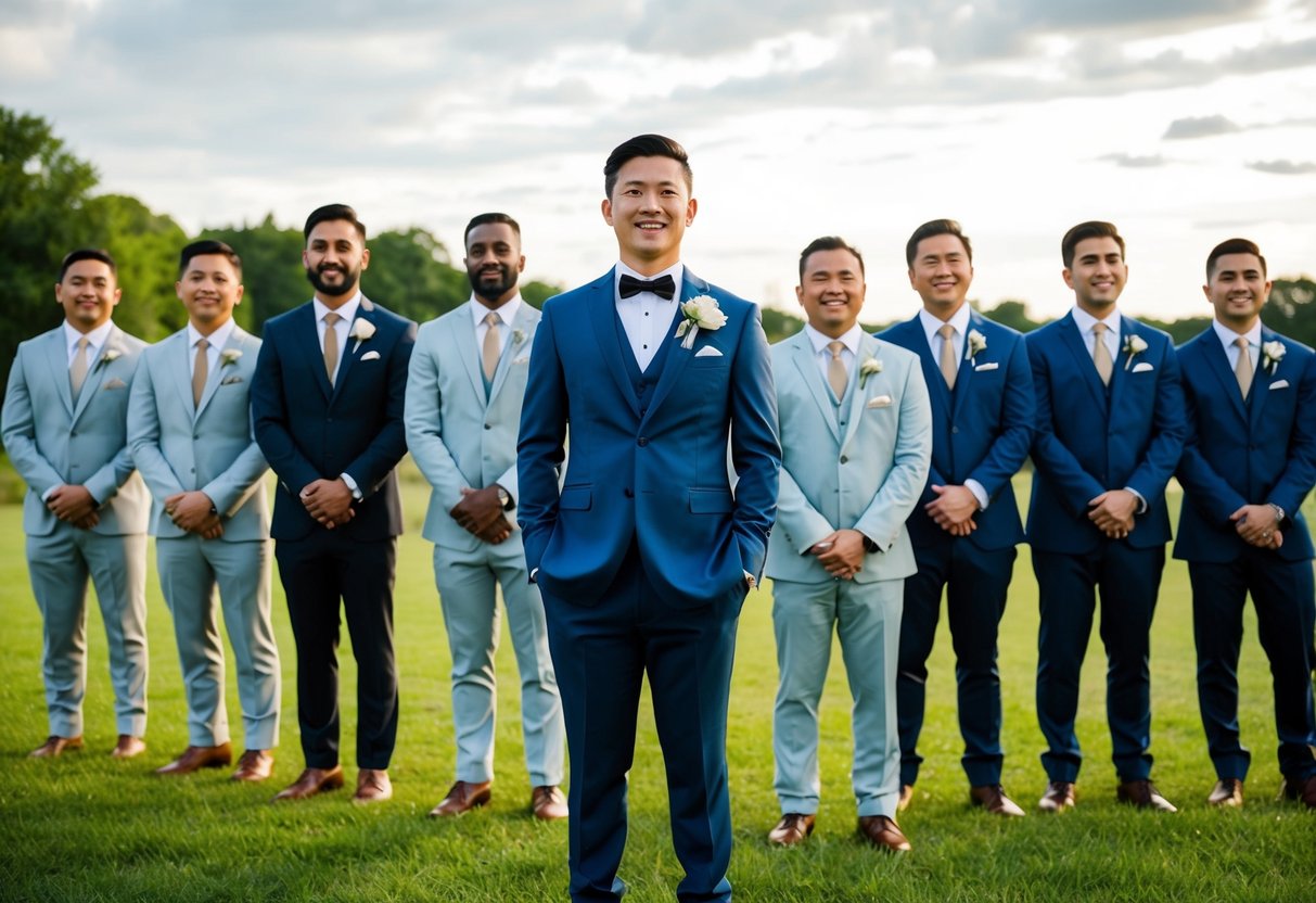 A group of groomsmen of varying ethnicities and styles standing in a line, ready to support the groom on his wedding day