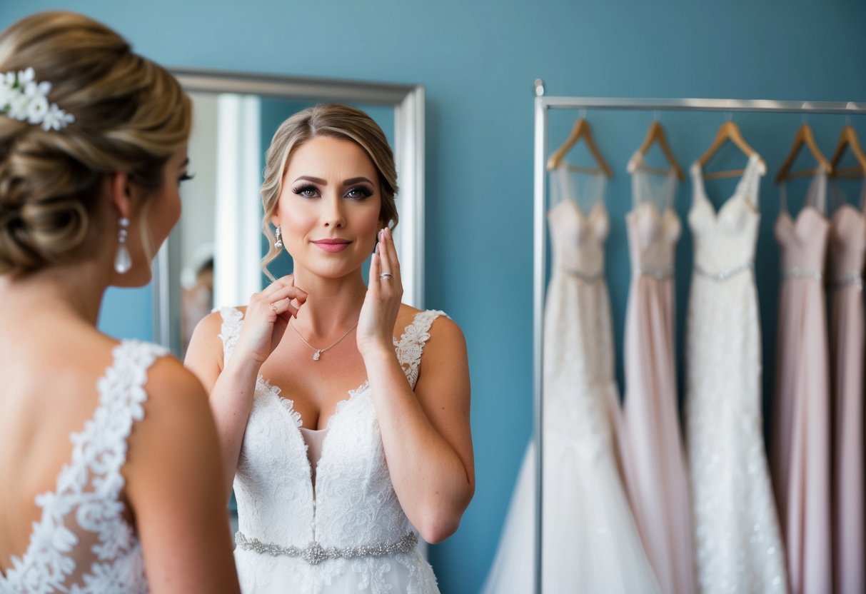 A bride-to-be stands in front of a mirror, contemplating whether to wear makeup to her wedding dress appointment. A rack of elegant gowns sits in the background