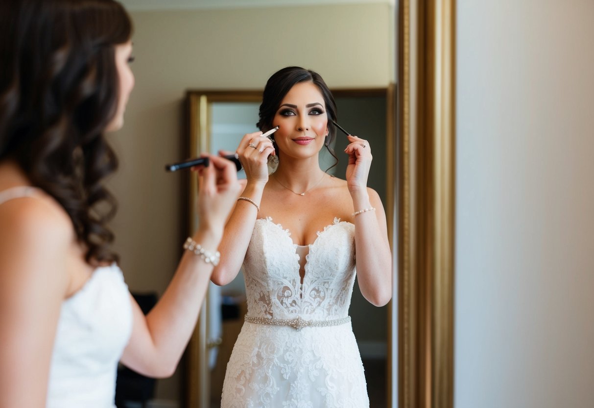 A bride stands in front of a full-length mirror, wearing a white dress. A makeup artist applies subtle makeup to her face as she considers her reflection