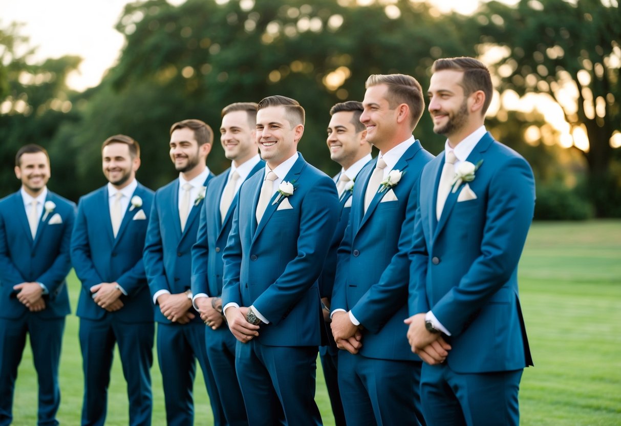 A group of groomsmen standing in a line, wearing matching suits and smiling as they look towards the camera