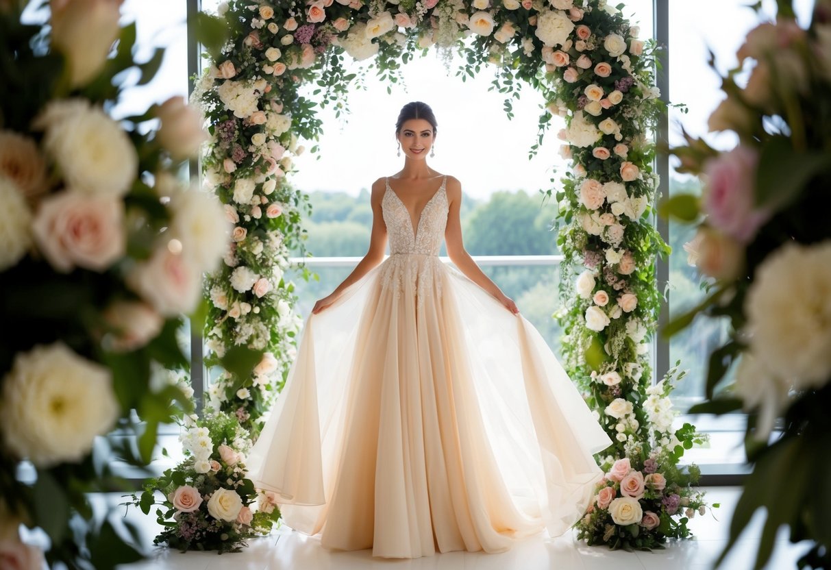 A woman in a flowing, elegant dress, surrounded by floral decorations and wedding paraphernalia