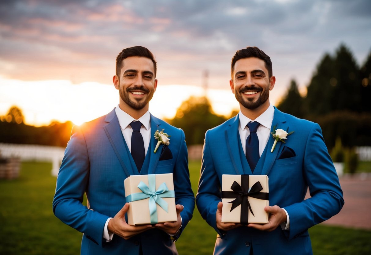 Two brothers stand side by side in matching suits, smiling as they hold their respective groomsmen gifts. The sun sets behind them, casting a warm glow over the outdoor wedding venue