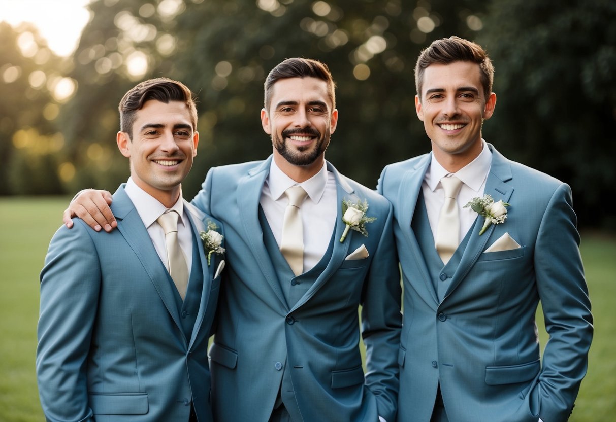Two brothers standing beside the groom, all wearing matching suits and smiling