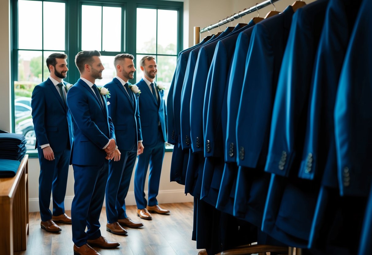 Groomsmen collect suits from tailor's shop, early morning light streams through window onto racks of neatly hung suits