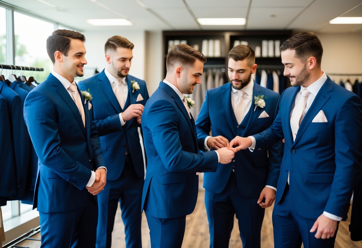 A group of groomsmen trying on suits at a formalwear shop, with a tailor measuring and adjusting the fit