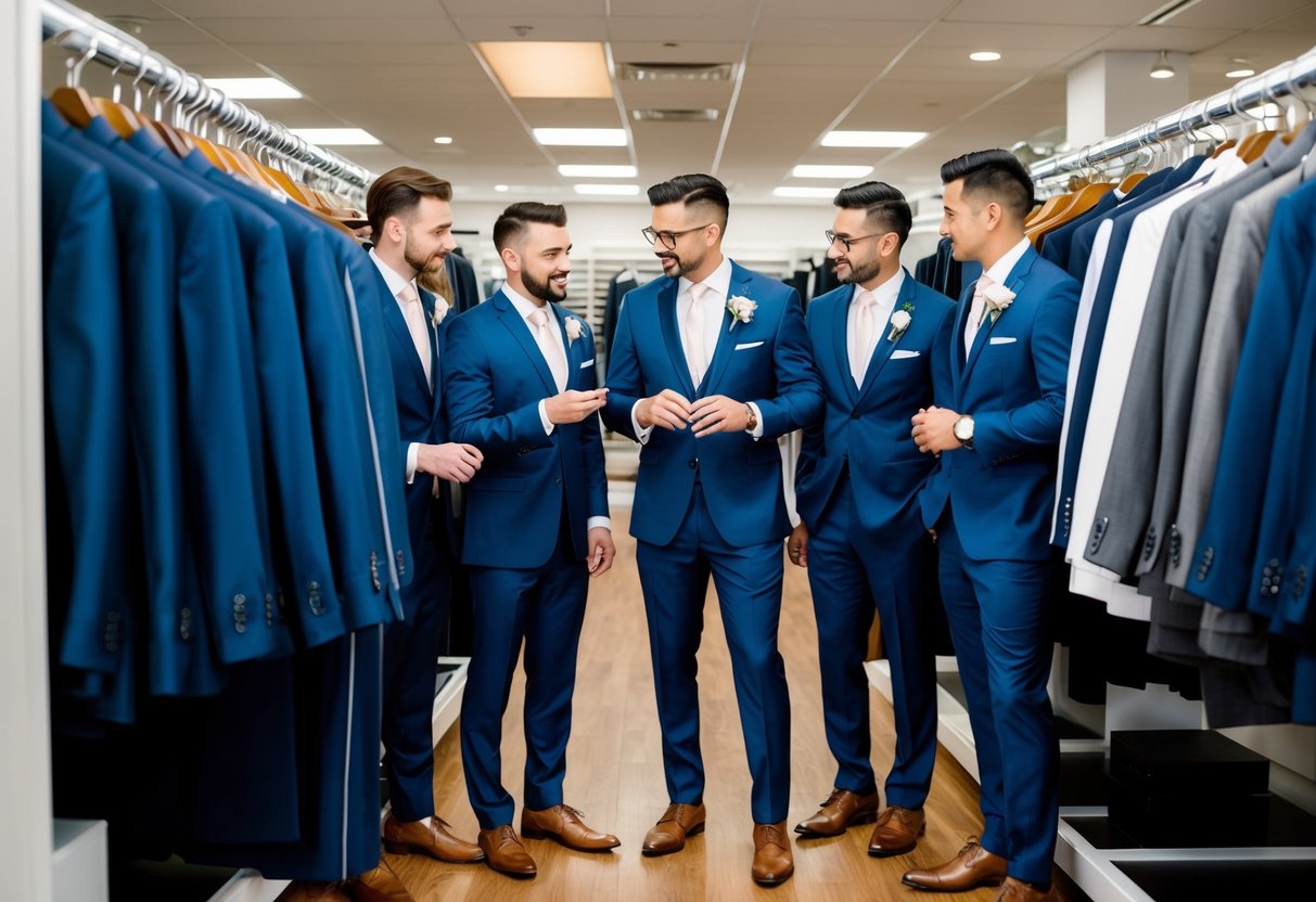 A group of groomsmen browsing through racks of suits at a formal wear store, discussing different styles and colors