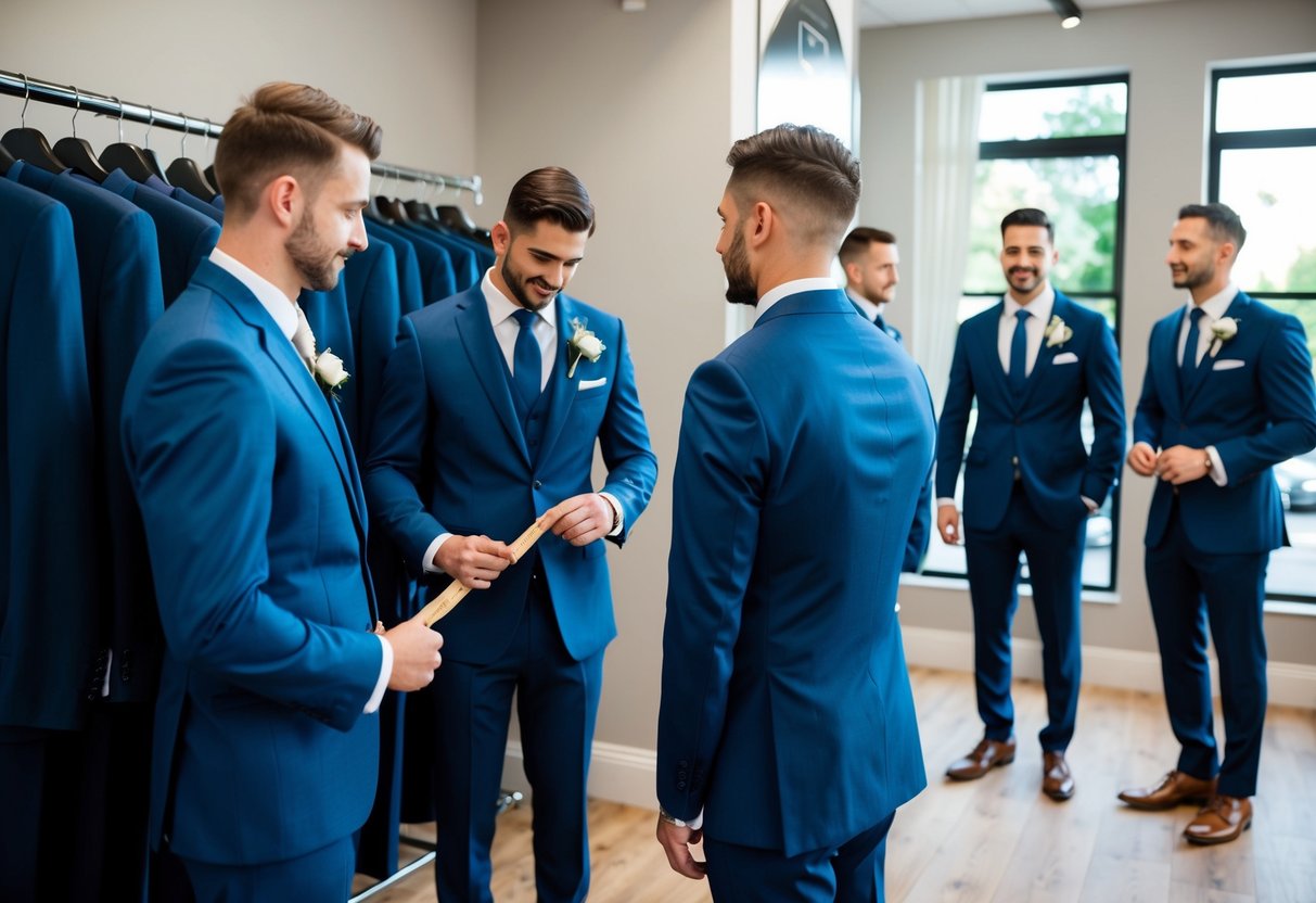 Groomsmen selecting suits at a formalwear shop. A tailor measures one man while others browse racks of suits