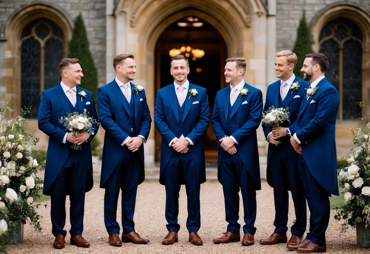Groomsmen stand in a traditional British wedding, wearing formal suits and holding bouquets or assisting with the groom's attire. They may be seen chatting or waiting for the ceremony to begin