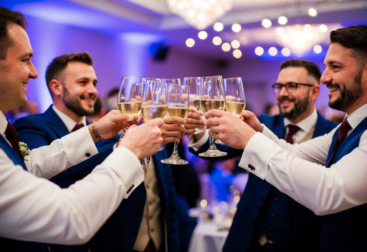 Groomsmen raise glasses in a traditional toast at a lively UK wedding reception