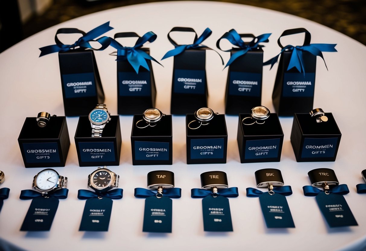 A table displays personalized groomsmen gifts, including watches, flasks, and cufflinks, arranged neatly with ribbons and tags