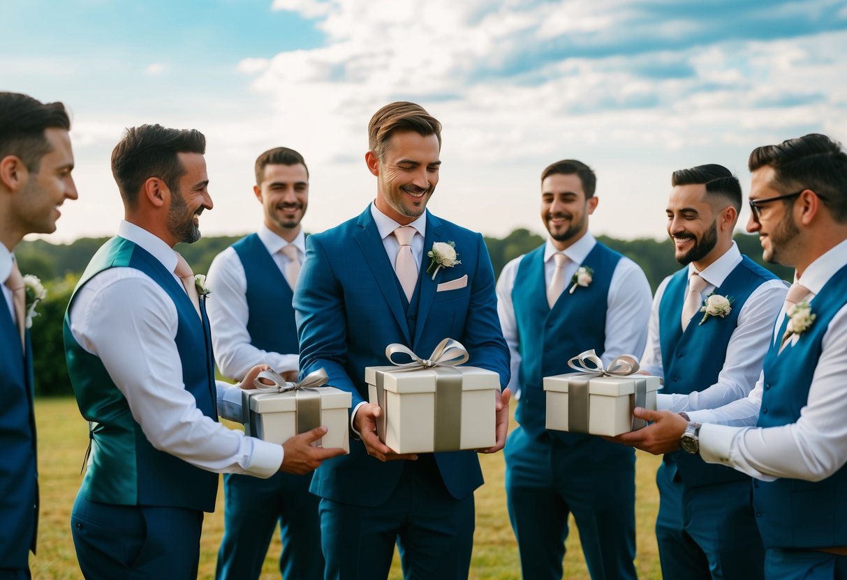 A groom presenting personalized gifts to his groomsmen