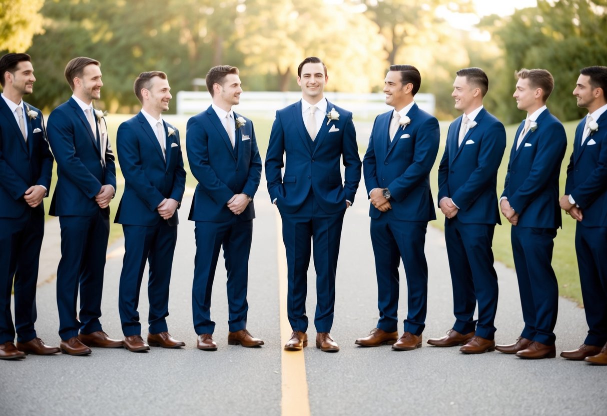 A group of groomsmen stand in a semi-circle, with one figure at the center slightly taller and distinguished from the others