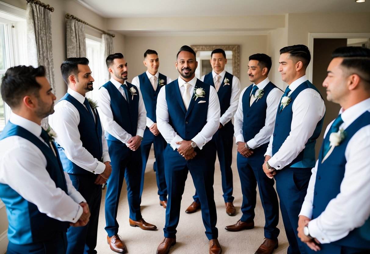 The groomsmen gather around the leader, who stands confidently in front of them, directing the pre-wedding events with authority and assurance